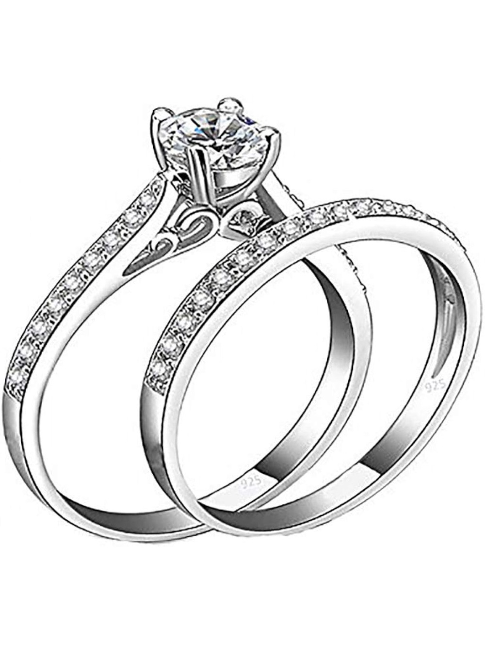 925 Sterling Silver Wedding 2 pc set Cubic Zirconia Ring Engagement band